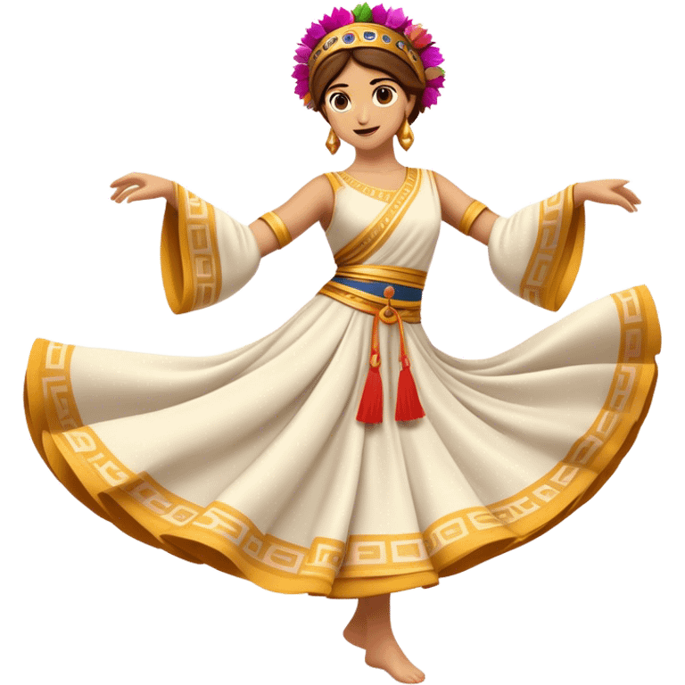 Cinematic Realistic Sirtaki Dance Emoji, depicted as a vibrant traditional Greek dance scene with flowing movements and expressive costumes, rendered with dynamic textures and warm festive lighting that captures its cultural exuberance. emoji