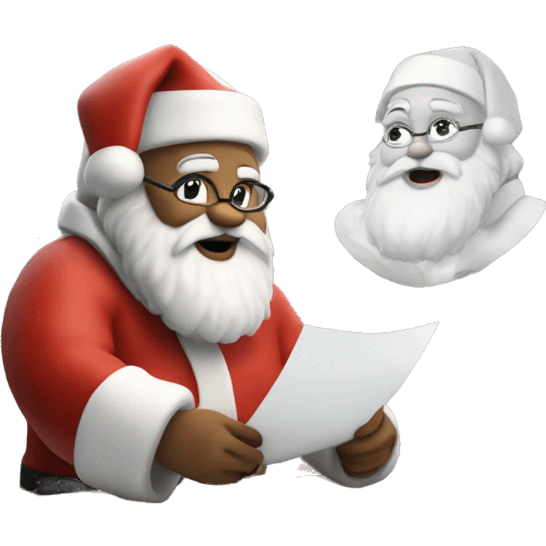 White Santa Claus is sitting on a desk, writing something down on a sheet of paper, solving complicated math puzzles emoji