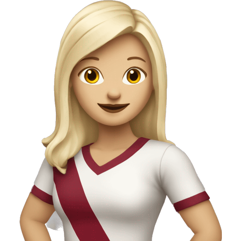 Happy blonde woman with a flag of Latvia in hands emoji