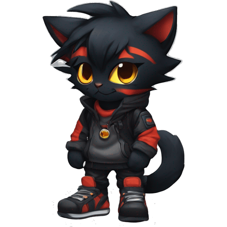 Edgy Shy Anthro boyish cool pretty dark black Litten-Pokémon-cat-fursona techwear emoji