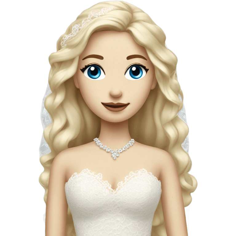 Beautiful blond girl with blue eyes and long lace wedding dress emoji