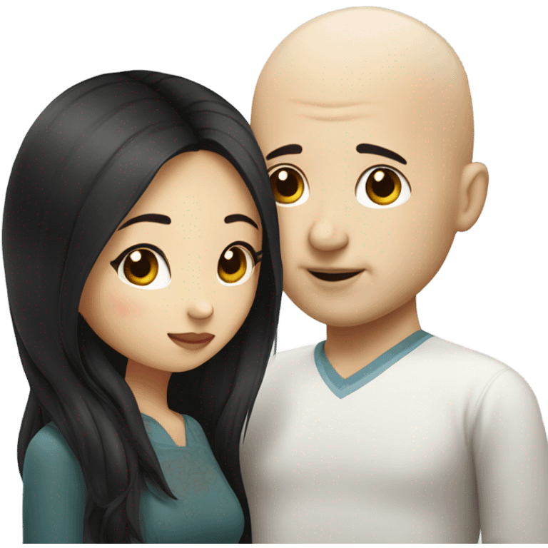 Chinese girl dark hair kissing white bald man emoji