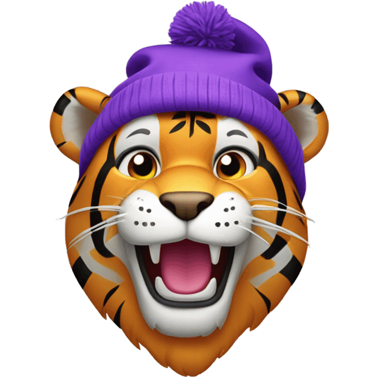 Jaunty tiger wearing purple stocking cap emoji