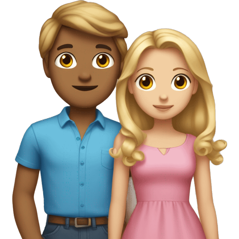 boy with blue shirt, brown hair, medium skin kissing girl with long pink dress, blonde hair, hair bow, light skin  emoji