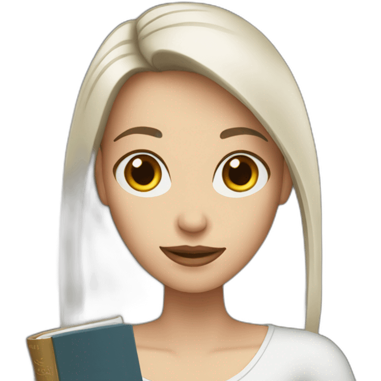 White woman with dark brown hair holding a book emoji