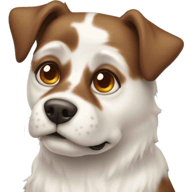 White and brown dog whit honey-colored eyes, with emoji