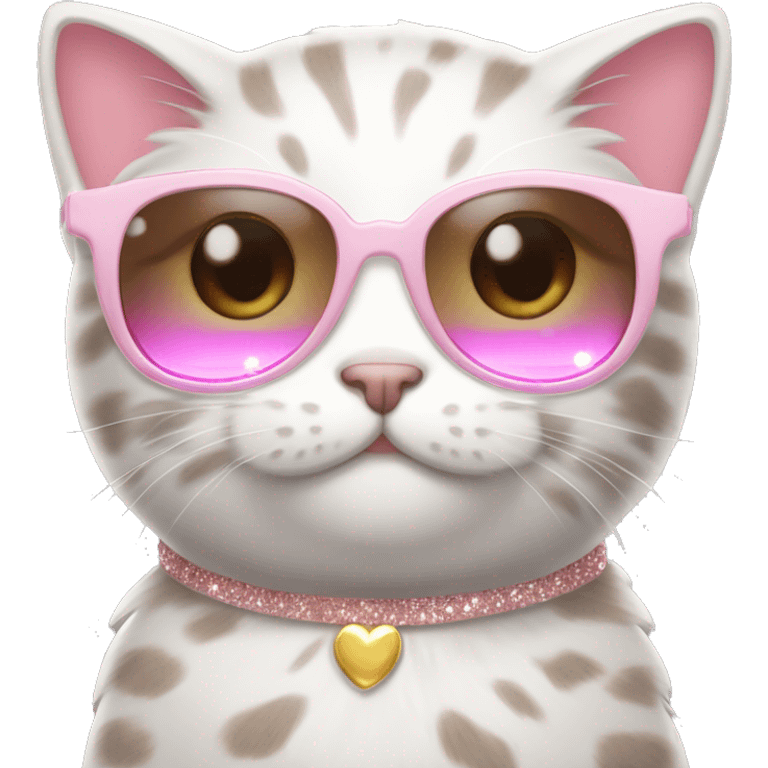 A cute cat, with brown/grey fur and a pink sunglass and cute nails in white sparkeles.  emoji