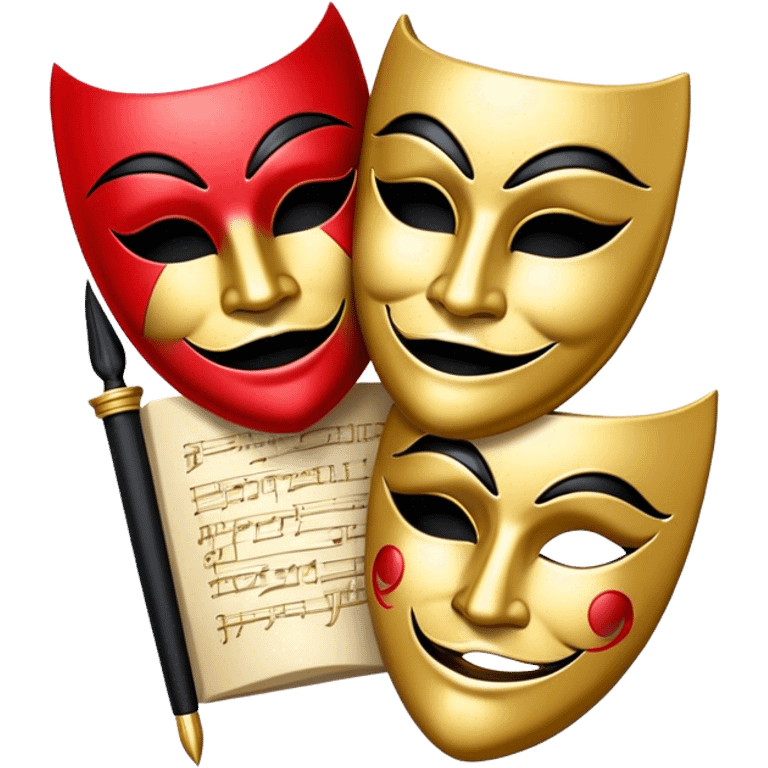 Create a bold and dramatic emoji representing the art of playwriting. The design should feature an open script or a theater playbook, with stylized text lines or dramatic dialogue inside. Include elements like a theatrical comedy and tragedy masks, a stage spotlight, or a quill to symbolize creativity and performance. Use deep, contrasting colors like red, black, and gold to evoke the intensity and passion of drama. The overall design should feel dramatic, inspiring, and artistic. Make the background transparent. emoji