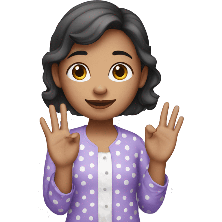 A girl with lavender kurti white spots showing three fingers in one hand emoji