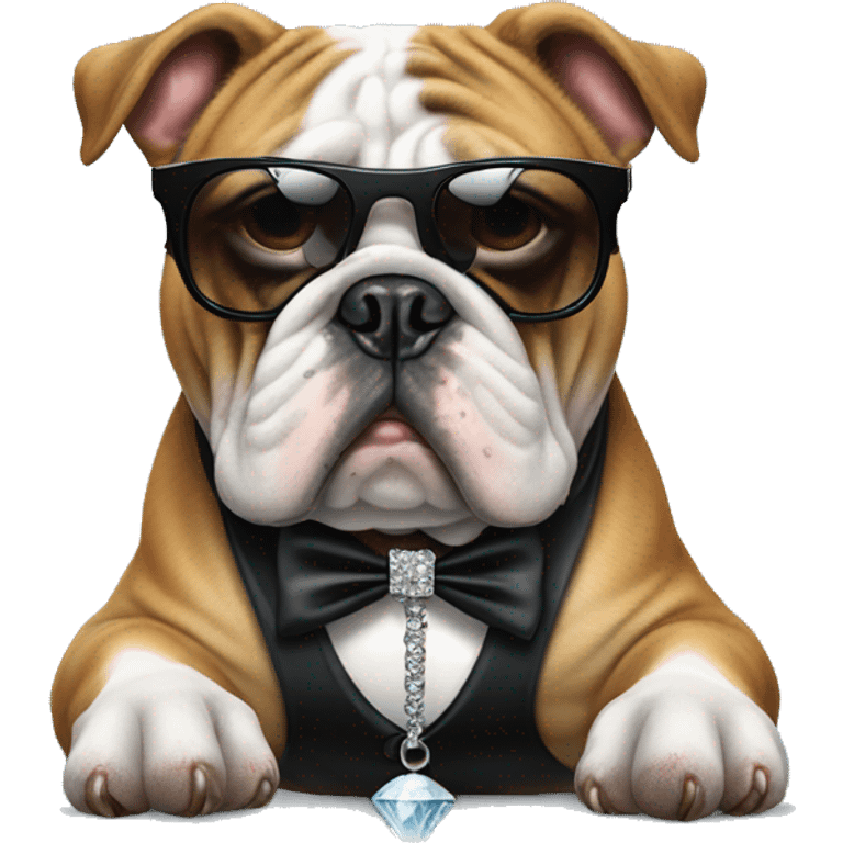 Bulldog wearing a tuxedo, designer sunglasses, and a diamond chain of a bulldog emoji