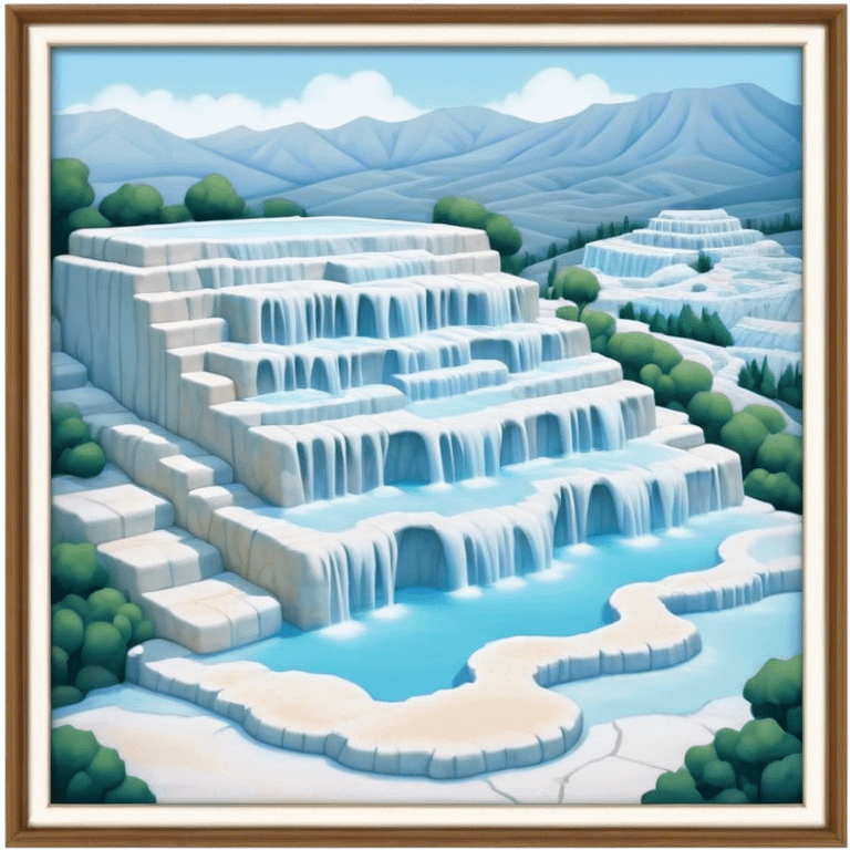 Cinematic Realistic Pamukkale Landmark Emoji, showcasing surreal cascading terraces of thermal waters rendered with ethereal textures and soft, luminous lighting. emoji