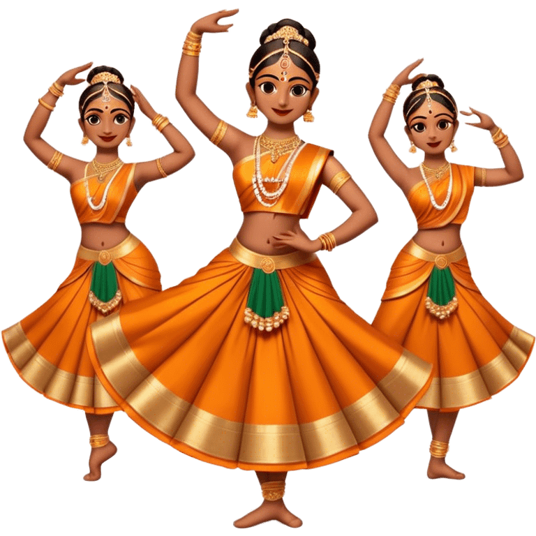 Cinematic Realistic Bharatanatyam Dance Emoji, depicted as an elegant classical Indian dance performance with graceful poses, intricate costumes, and expressive hand gestures, rendered with rich textures and warm dramatic lighting that captures its timeless beauty. emoji