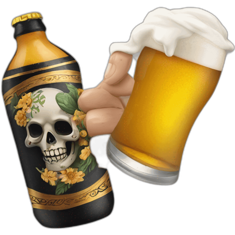 Un brazo con un tatuaje de la Santa muerte, sosteniendo una lata de cerveza en la mano emoji