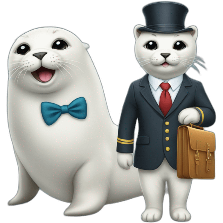 White young seal in tie and with briefcase and closed eyes and with cat in hat emoji