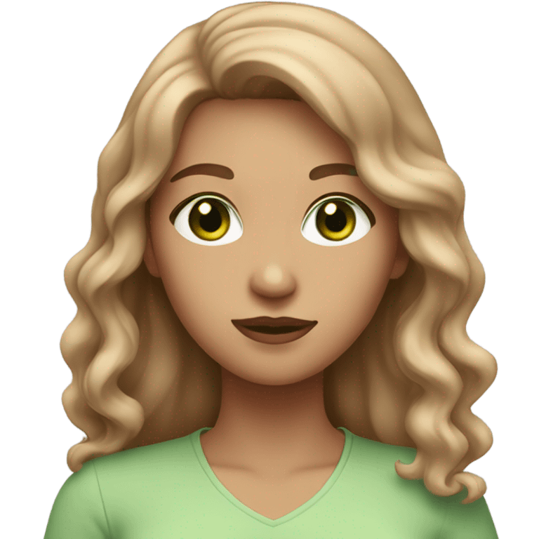 young woman with green eyes, light brown wavy hair and a light pink outfit emoji