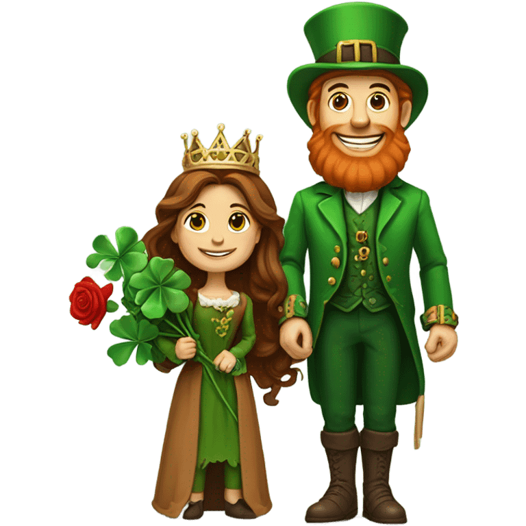 A little leprechaun, giving red roses and clovers, to a very tall brown haired queen emoji