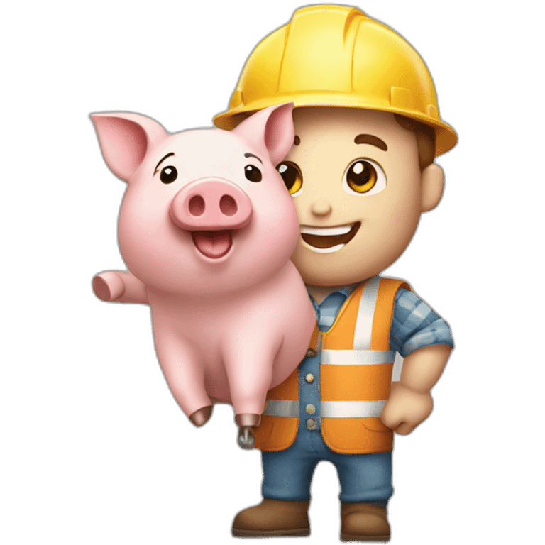 happy little piggy dressed like a builder holding a brick in his hand emoji