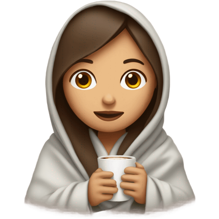 Brunette girl inside a blanket sipping coffee eyes closed emoji