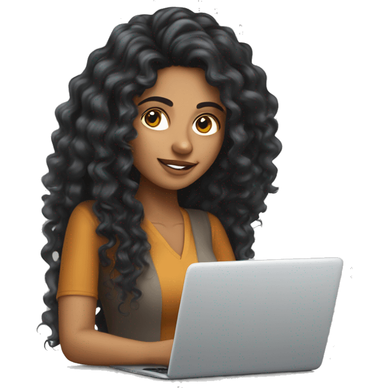 lighter skin Indian woman working on laptop with long black curly hair emoji