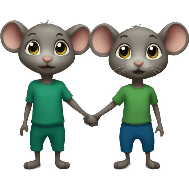 Two mice hold hands. one (boy) wears a dark blue T-shirt, the other (girl) wears a green leotard. emoji