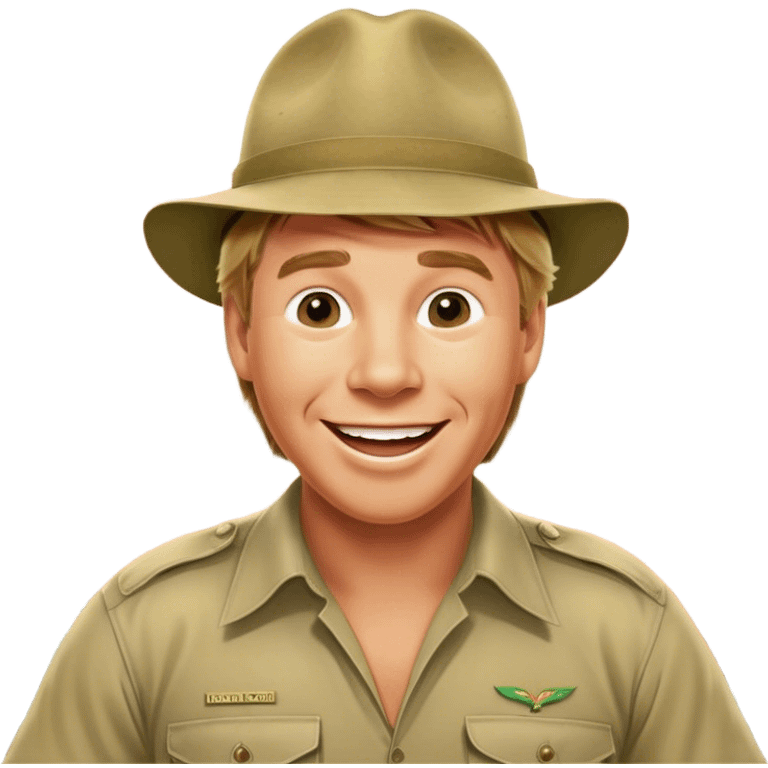 Cinematic Realistic Steve Irwin Portrait Emoji, depicted as a passionate wildlife expert in his signature khaki attire with an enthusiastic smile and a backdrop of the Australian outback, rendered with vibrant textures and dynamic natural lighting that captures his adventurous spirit. emoji