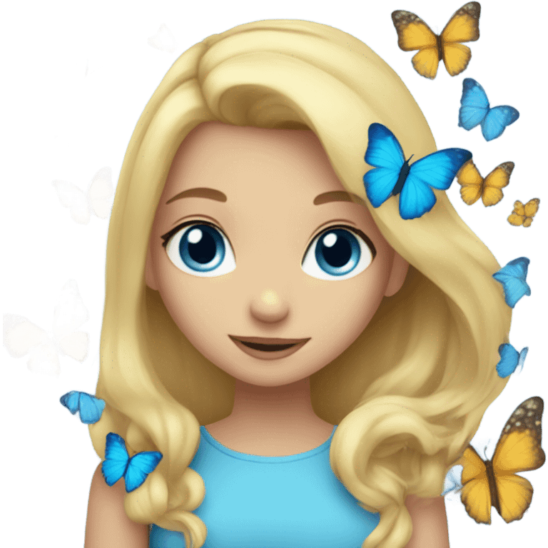 Girl with blonde hair blue eyes butterflies and holding a blue heart emoji