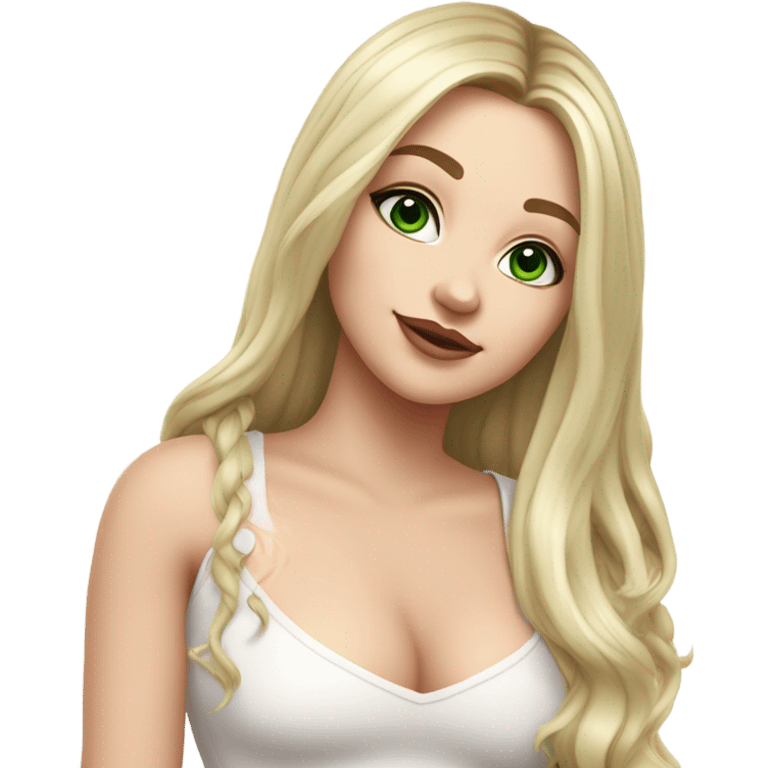 Realistic White girl with Long straight blonde hair, green eyes, tattoos, full body wearing white dress and pink knee-high leather boots, doing cute selfie pose emoji