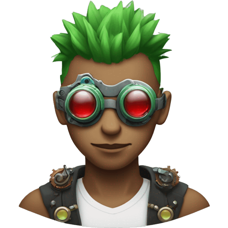 Male cyborg with thin red Mohawk and green steampunk goggles emoji