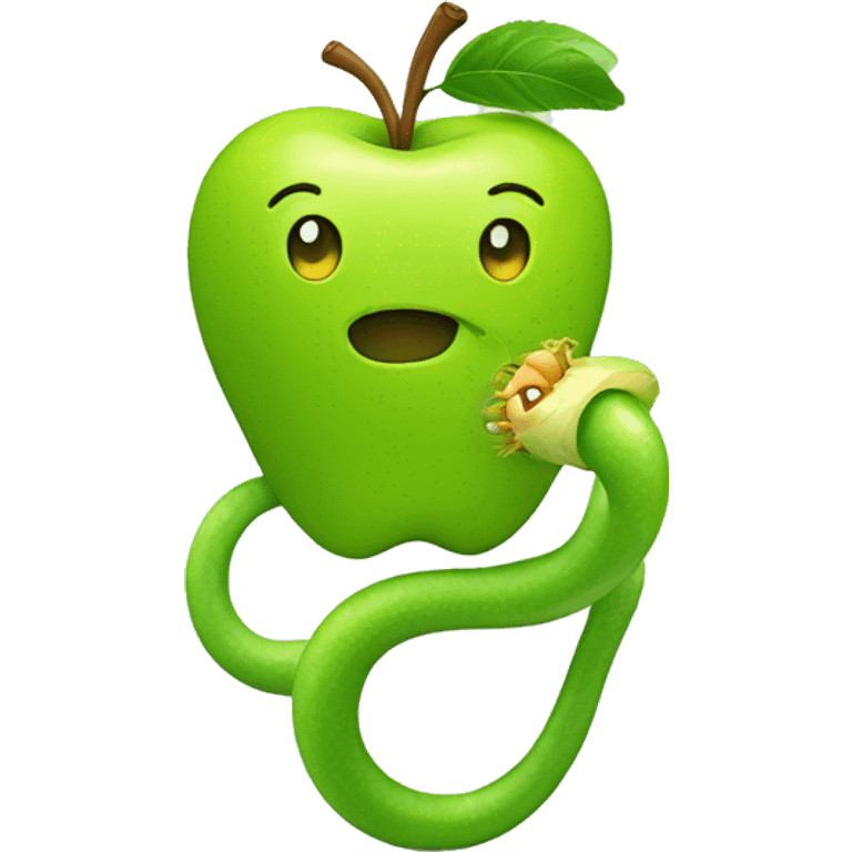 Green cheerful apple with yellow worm emoji