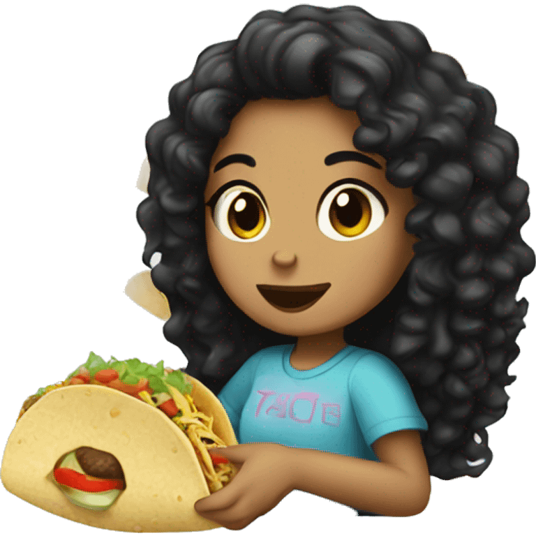 Light skin girl with long black curly hair eating a taco emoji