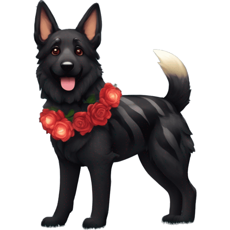 Bokeh Midnight starry night stars dark Brindled striped brindle black German shepherd fox carrying glowing red lantern, fairy lights, rose flower crown, bokeh lights, out of focus blur emoji