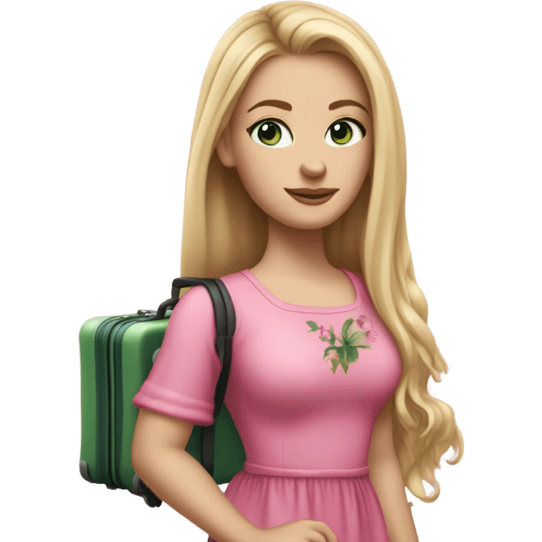 Realistic White girl with Long straight blonde hair and green eyes, tattoos, full body wearing pink dress, holding pink luggage emoji