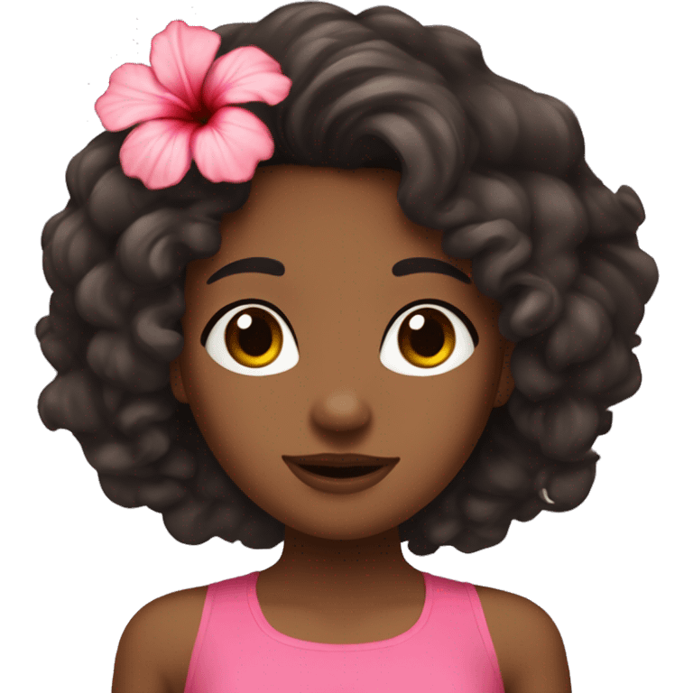 Brown skinned girl with long dark curly hair, a hibiscus flower, and a pink halter top shirt. emoji