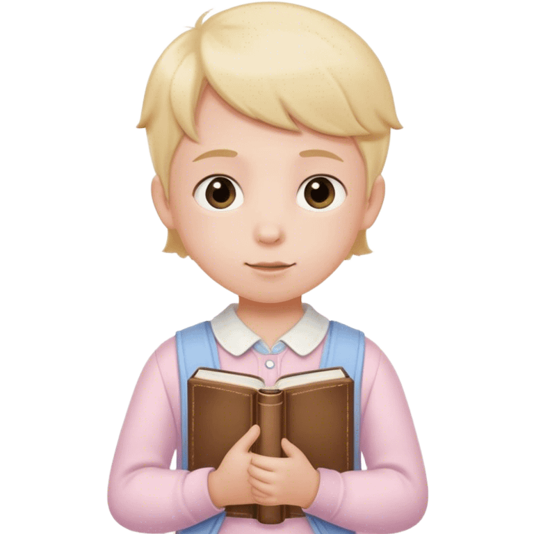 child in pastel clothes holding a British textbook emoji