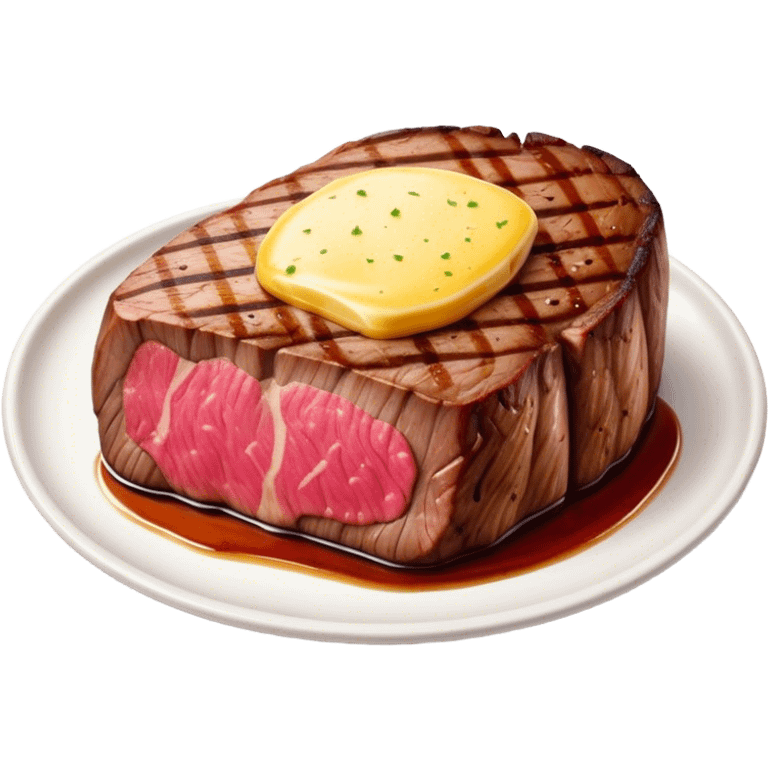 Cinematic thick-cut steak, perfectly seared with grill marks, a juicy pink center, butter melting on top, rich and savory, warm glow, sizzling and mouthwatering, highly detailed and appetizing. emoji