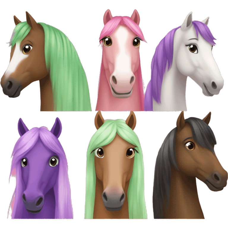 Create a emoji about three horses green, pink and purple and they are femmes  emoji