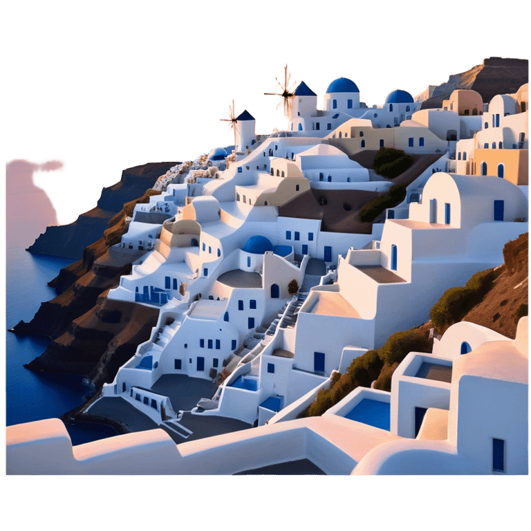 Cinematic Realistic Santorini Caldera Landmark Emoji, featuring white-washed buildings perched on volcanic cliffs, overlooking the deep blue Aegean Sea, with warm sunset hues illuminating the sky and reflecting off the water. emoji