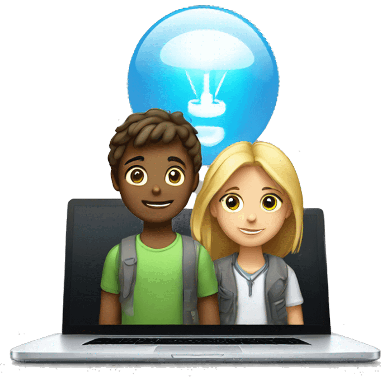 Girl and boy laptop with light above head emoji