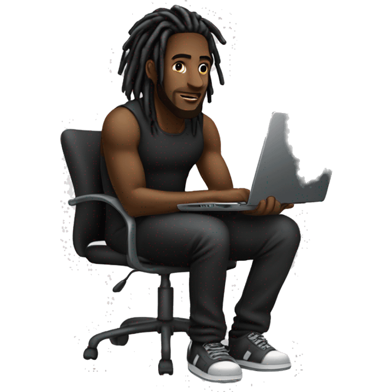 Black-guy-with-dreads-wearing-black-trackstuit-sitting-down-on-chair facing-foward-focused-on-laptop-computer- emoji