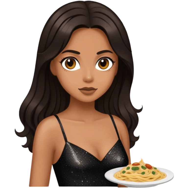 Beautiful woman in 1950’s woman fashion look, black shimmery dress, long dark brown hair, Carbonara emoji