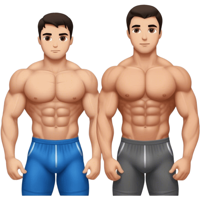 Two best friends, gay, dark hair, torsos, handsome men, Muscular Caucasian gay bodybuilders working out, muscles, realistic emoji