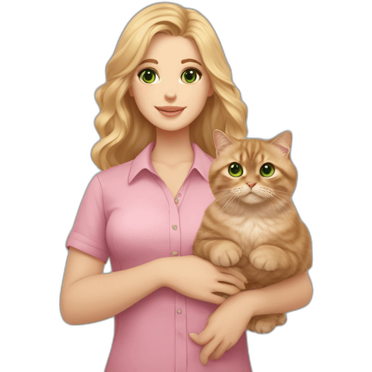 woman with green eyes and long wavy blonde hair and in a pink shirt is holding a very fluffy and fat brown Scottish fold cat emoji