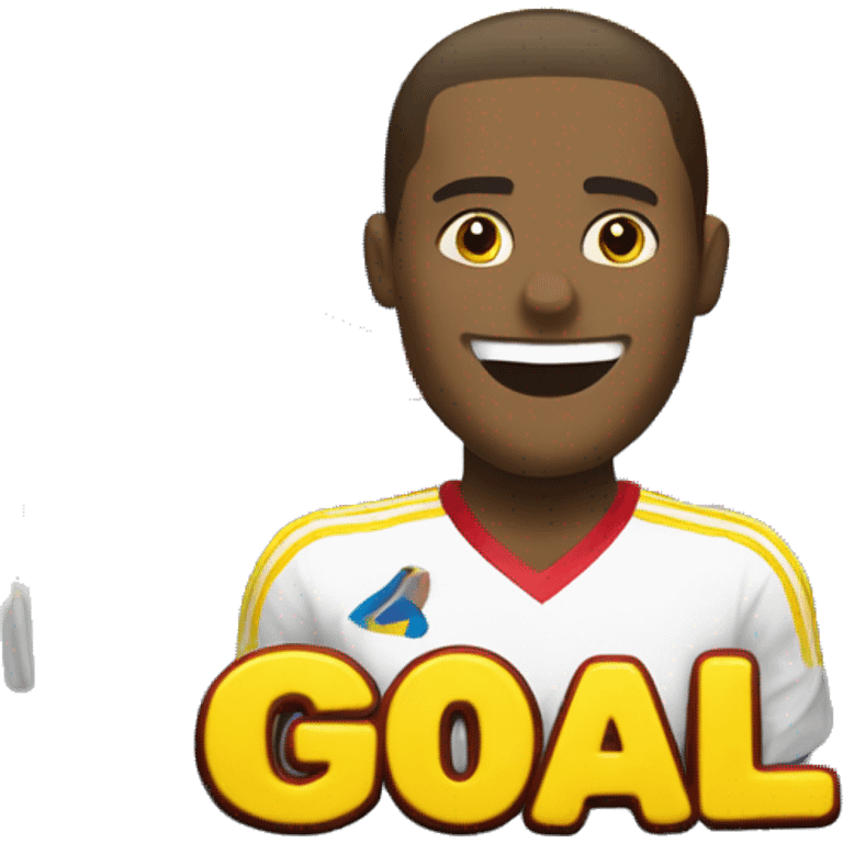 a yellow emoji celebrating a goal with a big smile and the word 'GOAL!' in bold, festive letters. The emoji should be holding the Colombian flag, but without hands, just the flag next to it. emoji