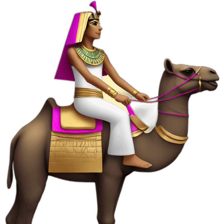 Egyptian pharaon on a camel,pyramids, tanned skin, golden magenta  costume emoji