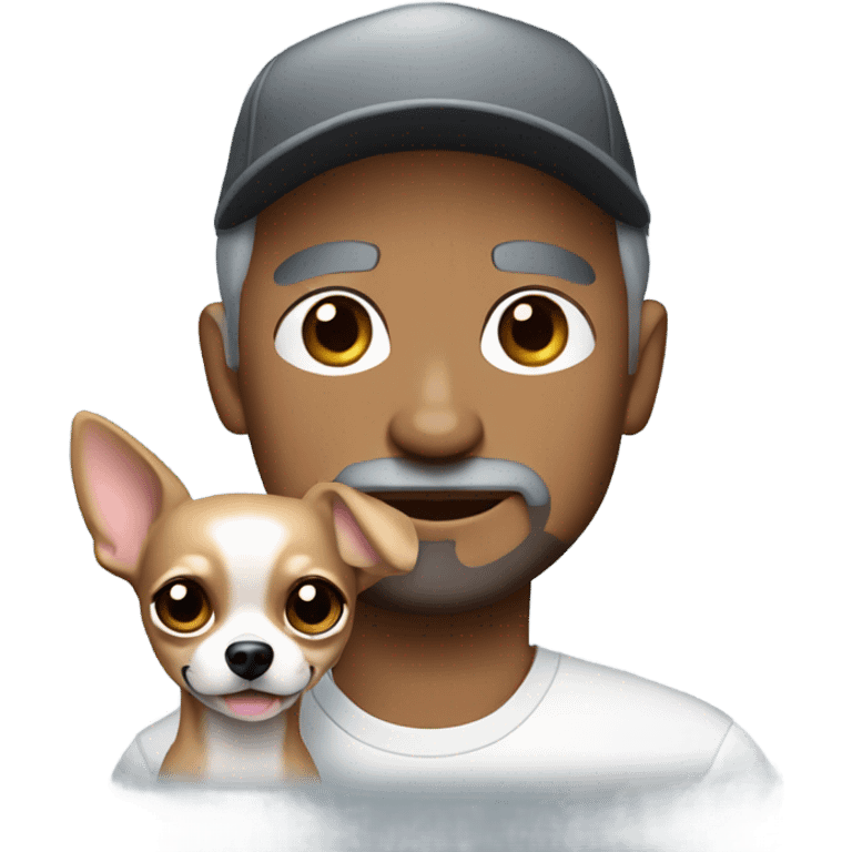 blue eyed man with gray hair and goatee wearing ball cap holding chihuahua with long black hair emoji