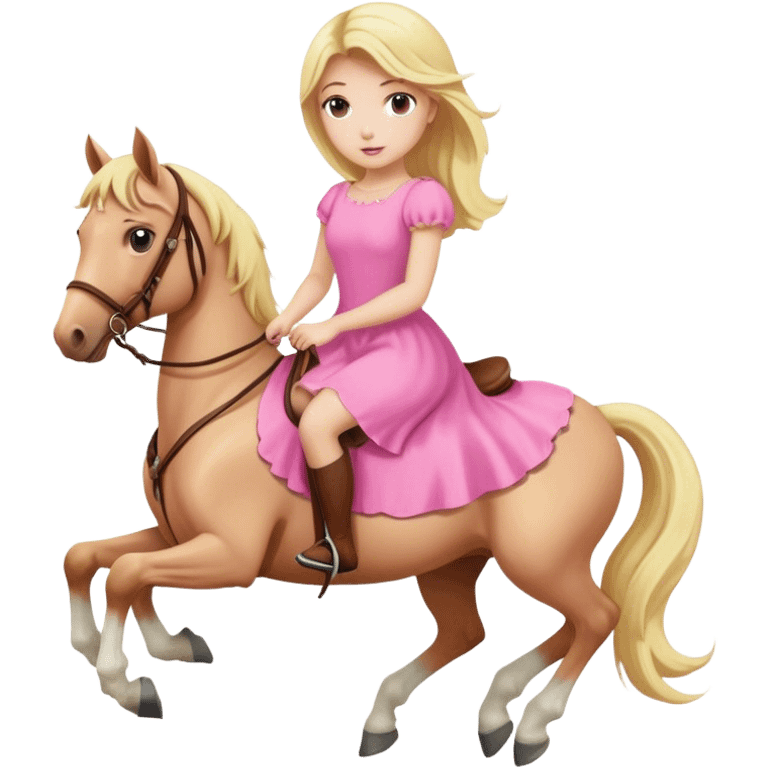 a blonde girl wearing pink dress and riding a horse  emoji