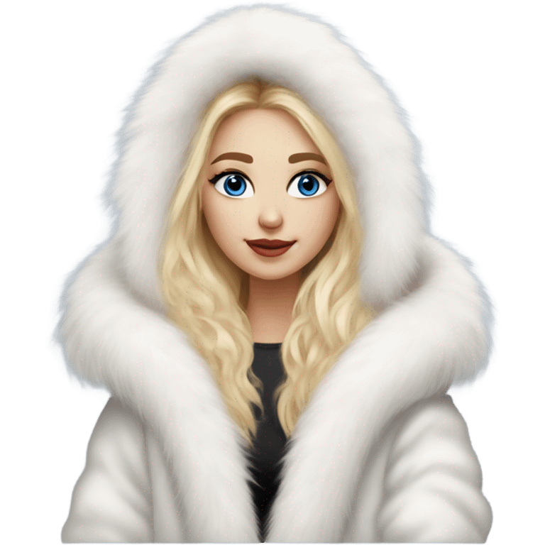 Beautiful Girl with lashes and blue eyes, blonde hair, in a extremely big fluffy oversized white fur coat with hood on. The fur is real and it’s very obvious big and fluffy  emoji