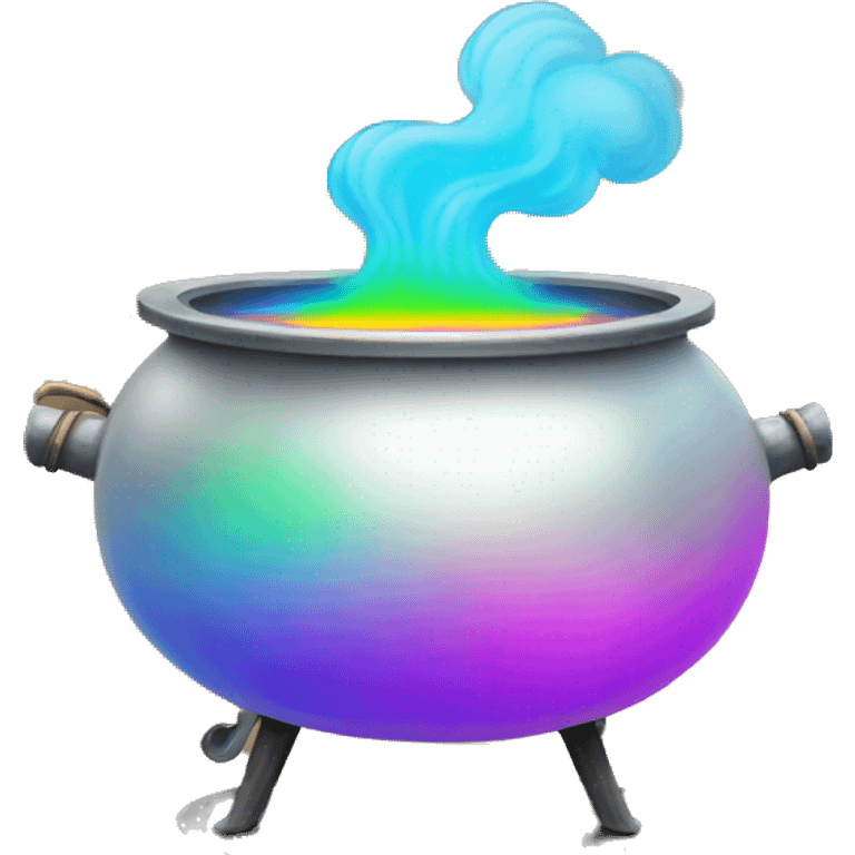 Cauldron with rainbow potion and white steam, under the kettle are fire emoji