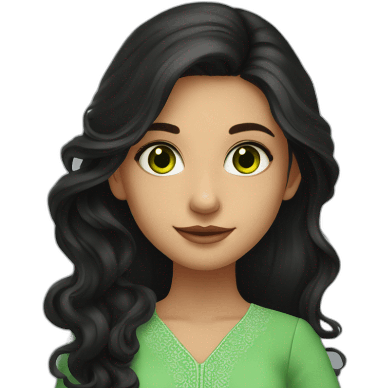 fair girl, green eyes, wavy black long hair, in salwar suit. Very pretty emoji