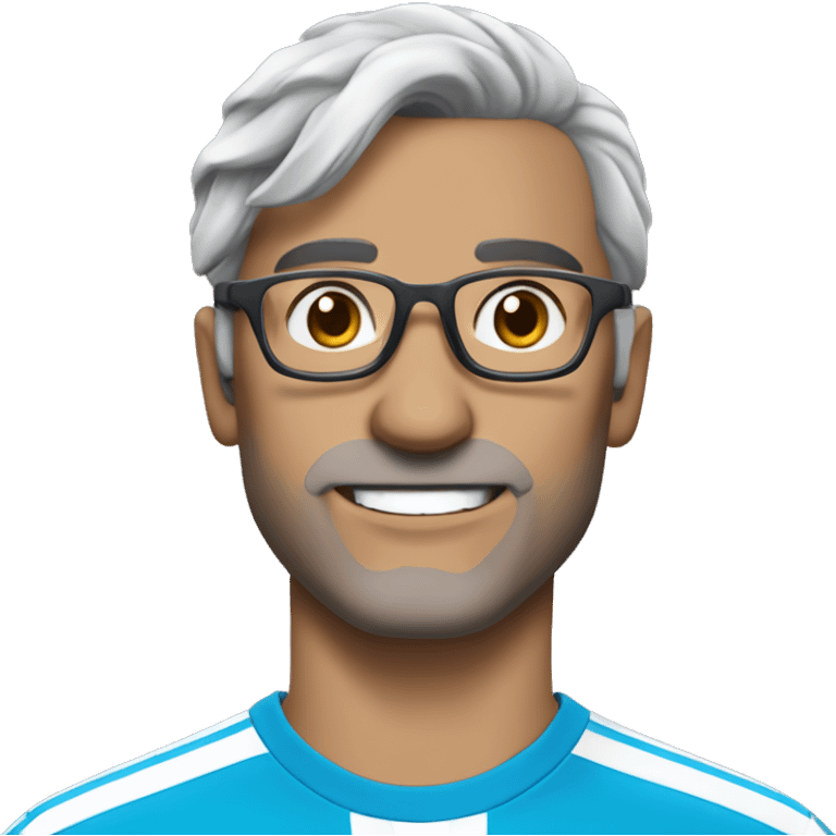 a man with medium long dark grey hair, glasses, an olympique de marseille shirt, skinny face but handsome emoji